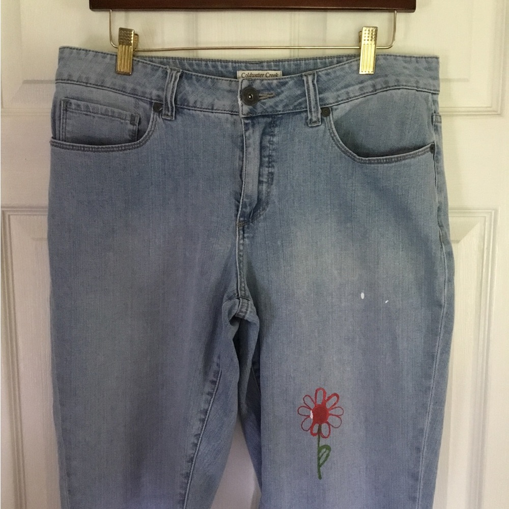 Upcycled ColdwaterCreek BohoFestival Lightwash Straight Leg Jeans painted floral